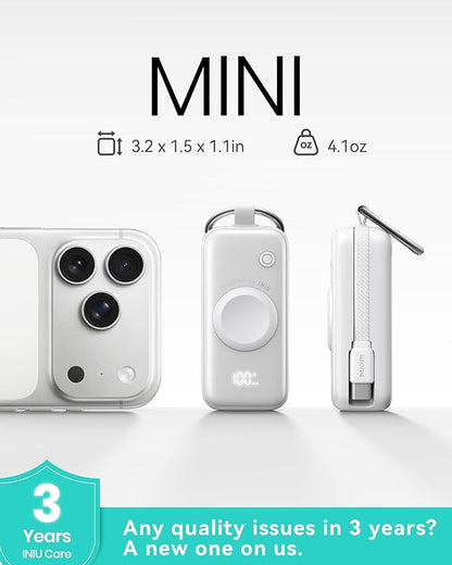 INIU 3-in-1 Portable Charger, Small 5000mah Power Bank with Built-in USB C Cable and Watch Charger, 20W PD Fast Charging Battery Pack, Travel Charger for iPhone 16 15, Apple Watch, etc