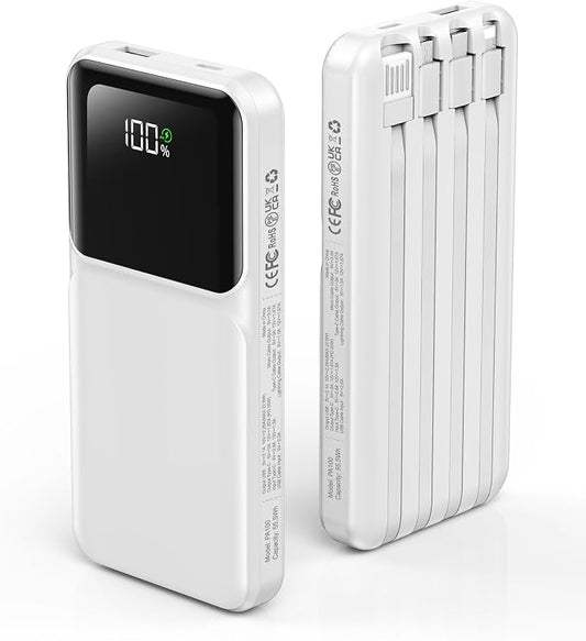 RONEGN Portable Charger with Built in Cable - Power Bank Fast Charging 22.5W USB C 10000mAh LED Display Travel Battery Pack 5 Outputs & 3 Inputs for iPhone Samsung Android iPad Phones Tablets etc