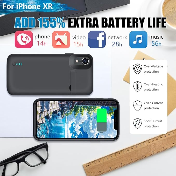 [New 2026 Battery Case for iPhone XR, 6000mAh Rechargeable Extended Battery Charging Charger Case, Add 1.55x Extra Juice (6.1 Inches) Black