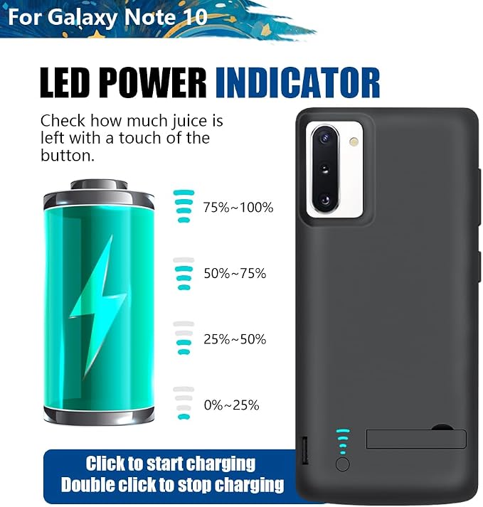 [Upgraded Battery Case for Samsung Galaxy Note 10, 5000mAh Rechargeable Extended Battery Charging Charger Case, Add 100% Extra Juice (6.3 Inches) Black