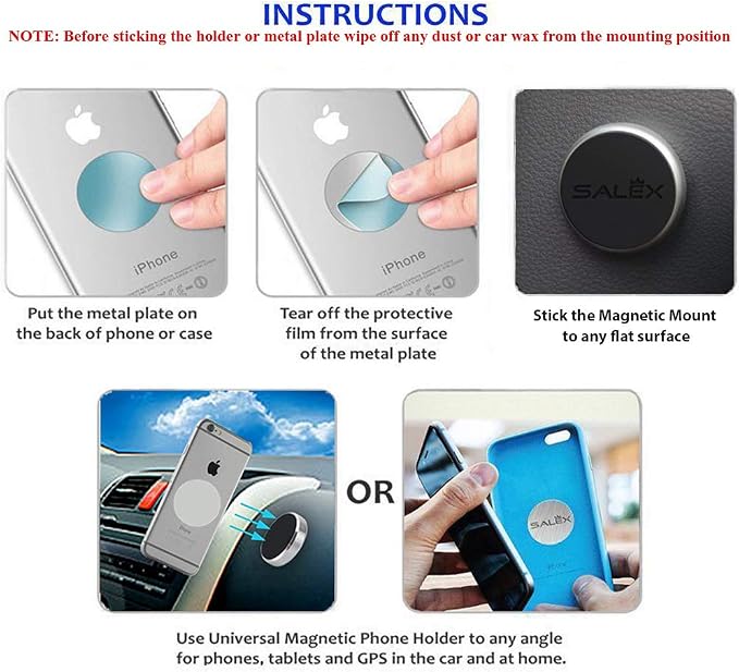 SALEX Magnetic Phone Mounts 2 Pack with 3M Adhesive. Black Flat Cell Phone Holder for Car Dashboard, Truck, Wall, Mirror, Table. Universal Low Profile Stick on Magnet Set