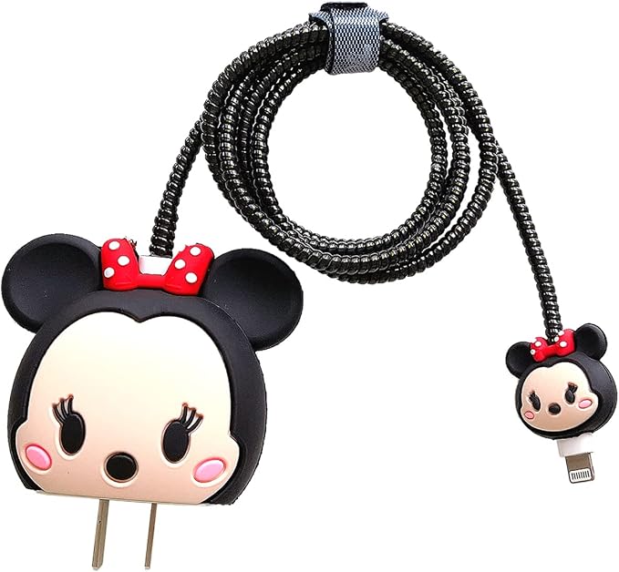 3D Cute Cartoon Charger Protector Case - Compatible for Apple 20W USB-C Power Adapter and Lightning Cable (Black MouseB)