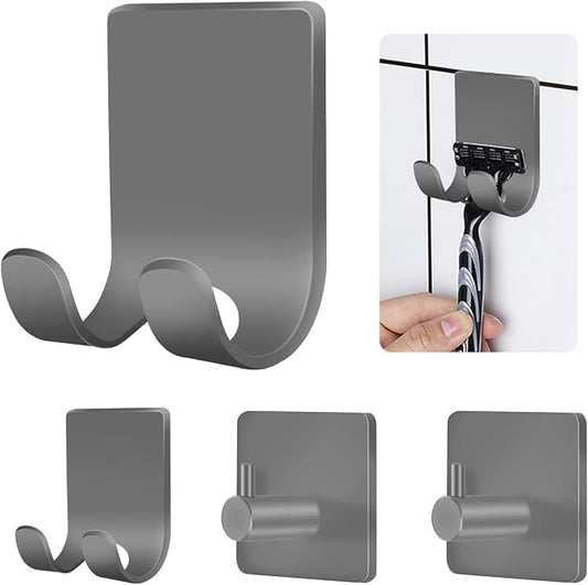 CGBE 4 Pack Shower Hooks - Self Adhesive Shaver Holder Hanger for Bathroom, Damage Free Wall Hooks for Razor, Loofah Sponge - Grey