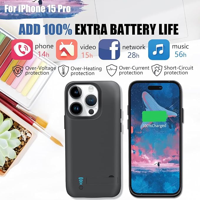 New Version Battery Case for iPhone 15 Pro, 5000mAh Rechargeable Extended Battery Charging Charger Case, Add 100% Extra Juice (6.1 Inches) Black