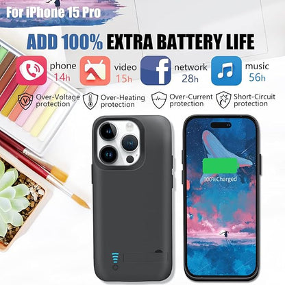 New Version Battery Case for iPhone 15 Pro, 5000mAh Rechargeable Extended Battery Charging Charger Case, Add 100% Extra Juice (6.1 Inches) Black