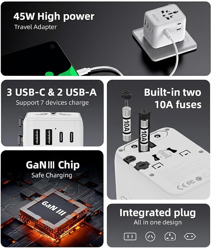 45W Universal Travel Adapter with Multi USB-A & C Ports - All in One Travel Adapter for Charging in Hotels Airports & Cruises- Plug Adapter Safe for Phones & Cameras- Reliable Choice for Daily Travel