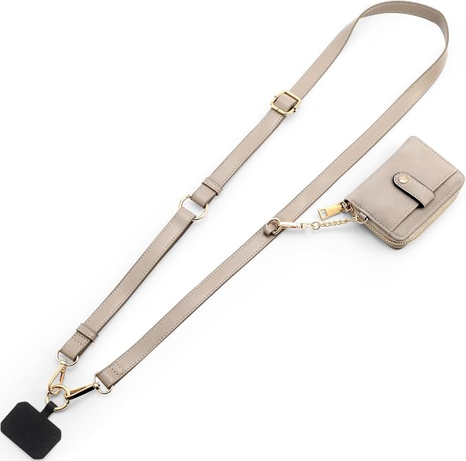 Diaclara Clip and Go Leather Phone Strap with Zipper Pouch- Stylish Crossbody Adjustable Lanyard with Wallet for All Phones, Gray