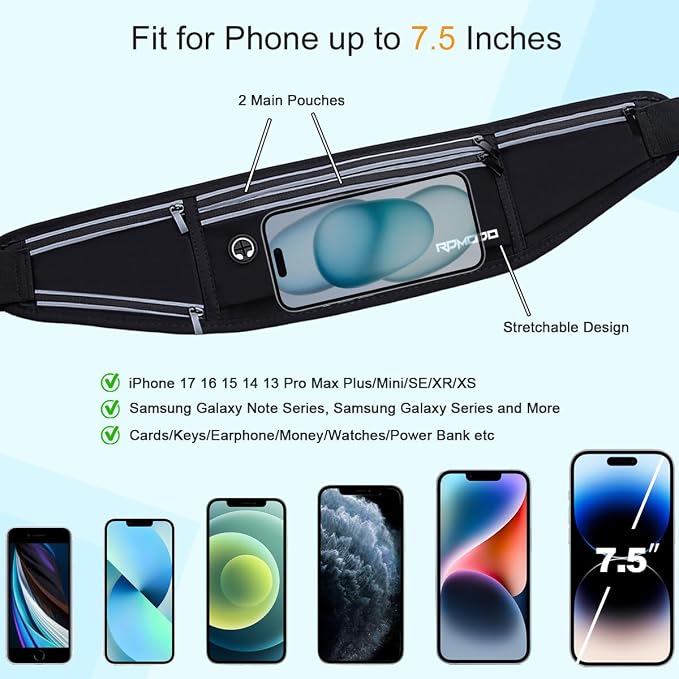 Slim Running Belt with Water Bottle Holder, Water Resistant Fanny Packs for Women Men，4 Pockets Running Phone Holder for Walking Cycling, Adjustable Waist Bag for iPhone 17 16 15 Samsung（Black）
