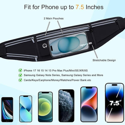 Slim Running Belt with Water Bottle Holder, Water Resistant Fanny Packs for Women Men，4 Pockets Running Phone Holder for Walking Cycling, Adjustable Waist Bag for iPhone 17 16 15 Samsung（Black）