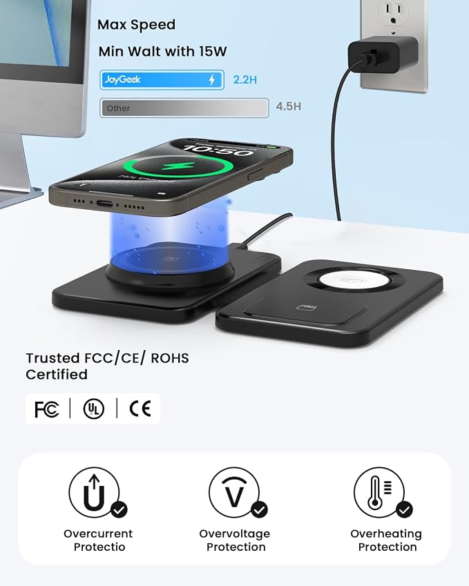 Charging Station Magnetic for iPhone Mag-Safe: JoyGeek 3 in 1 Foldable Wireless Charger for iPhone 17-12 Pro Max Plus, Travel Charger for AirPods, A-pple Watch 11-2 Series