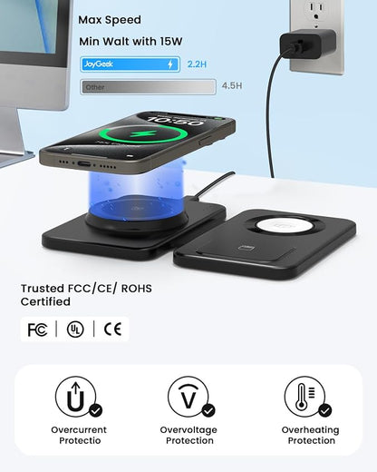 Charging Station Magnetic for iPhone Mag-Safe: JoyGeek 3 in 1 Foldable Wireless Charger for iPhone 17-12 Pro Max Plus, Travel Charger for AirPods, A-pple Watch 11-2 Series