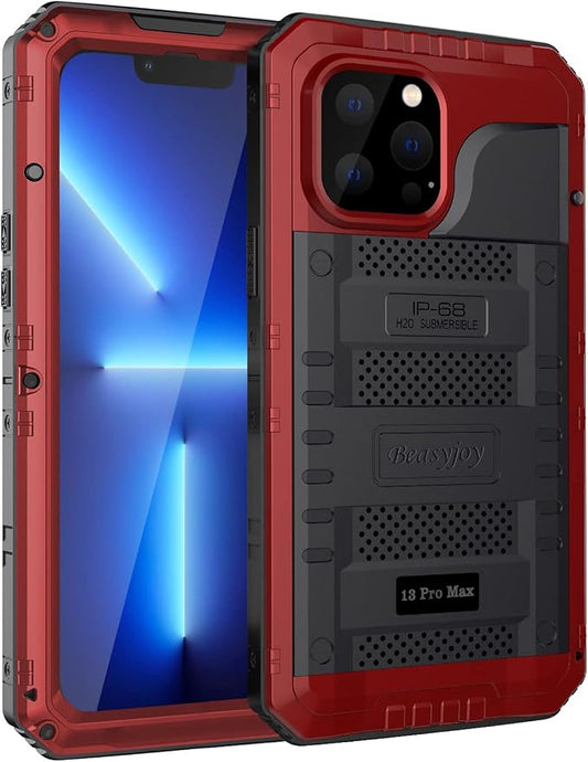 Beasyjoy for iPhone 13 Pro Max Case, Metal Waterproof Phone Case with Built-in Screen Protector, Full Body Protective Military Grade Shockproof Heavy Duty Rugged Defender Cover 6.7 Inch, Red