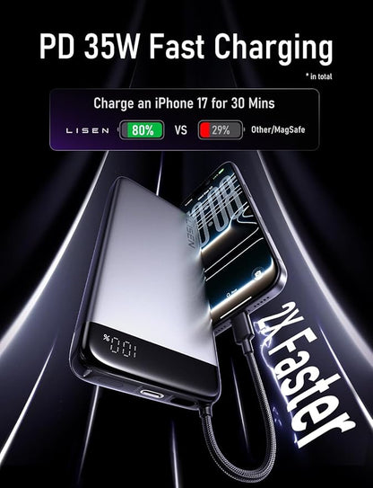 LISEN CCC Certified [Metal Alloy] 20000mAh Power Bank for 40+ Hours of Extra Power, TSA Approved Airplane Travel Essentials, 35W Fast Charging for iPhone 17 16 15 Pro Max Samsung Galaxy S26 Ultra iPad