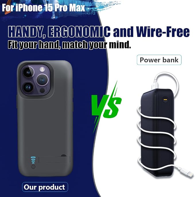 [Upgraded Battery Case for iPhone 15 Pro Max, 6000mAh Rechargeable Extended Battery Charging/Charger Case, Add 100% Extra Juice (6.7 inch) Black