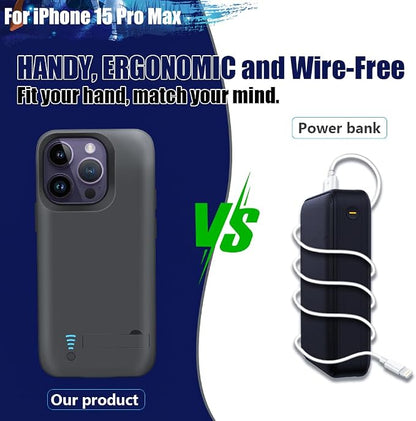 [Upgraded Battery Case for iPhone 15 Pro Max, 6000mAh Rechargeable Extended Battery Charging/Charger Case, Add 100% Extra Juice (6.7 inch) Black