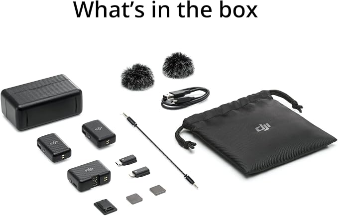 DJI Mic (2 TX + 1 RX + Charging Case), Wireless Lavalier Microphone, 250m (820 ft.) Range, 15-Hour Battery, Noise Cancellation Wireless Microphone for PC, iPhone, Record Interview, YouTube, Black