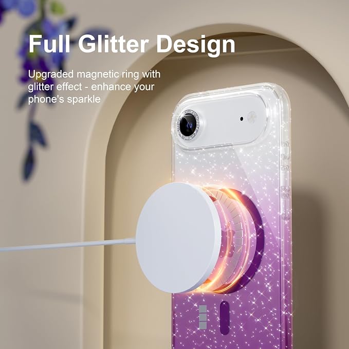 Choiche Magnetic for iPhone 17 Air Case Compatible with MagSafe, Women Cute Glitter Sparkly Phone Case with Diamond Camera Lens Protectors, Military-Grade Drop Protection 6.5" (Clear/Purple)