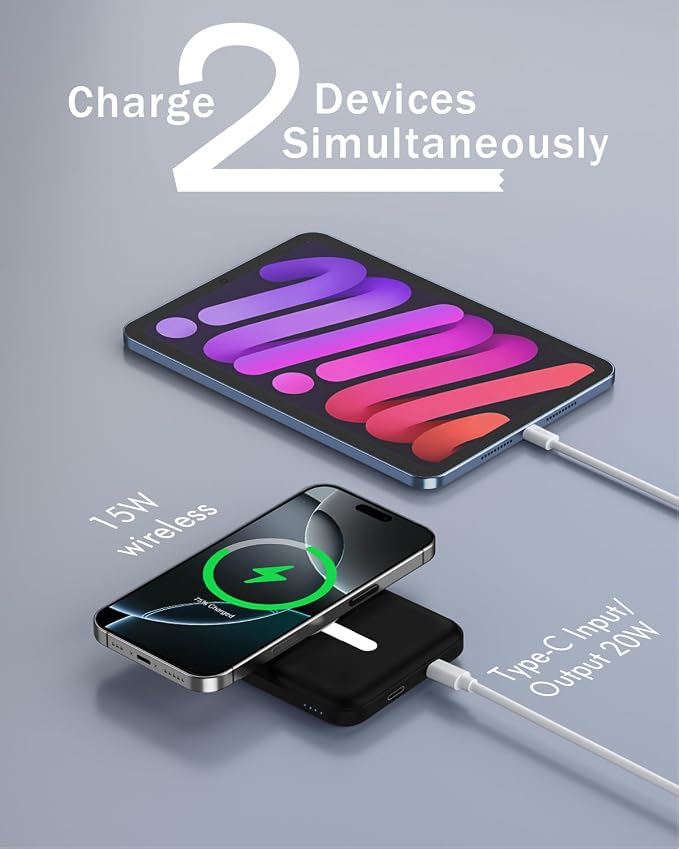 podoru for Magsafe Battery Pack, 5000mAh Magnetic Power Bank with Type-C Cable 20W PD Fast Charging Lighting Input Wireless Portable Charger for iPhone 17/16/15/14/13/12/ All Series-Deep Matte Black
