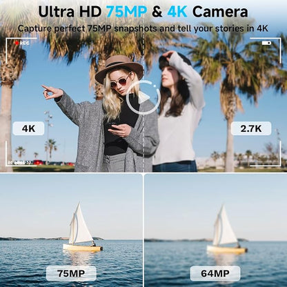 Digital Camera, 4K WiFi 75MP Dual Camera Point and Shoot Camera with Touchscreen and 16X Zoom, Autofocus Vlogging Cameras for YouTube and Travel, with 32GB Card for Kids, Teens, Beginners (White)