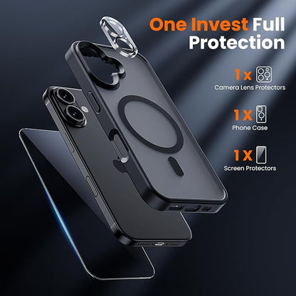 3 in 1 for iPhone 16 Plus Case Clear Matte Black | with MagSafe,Screen Protector *1 & Camera Lens Protector*1, Skin Feeling Back Cover Military-Grade Protection