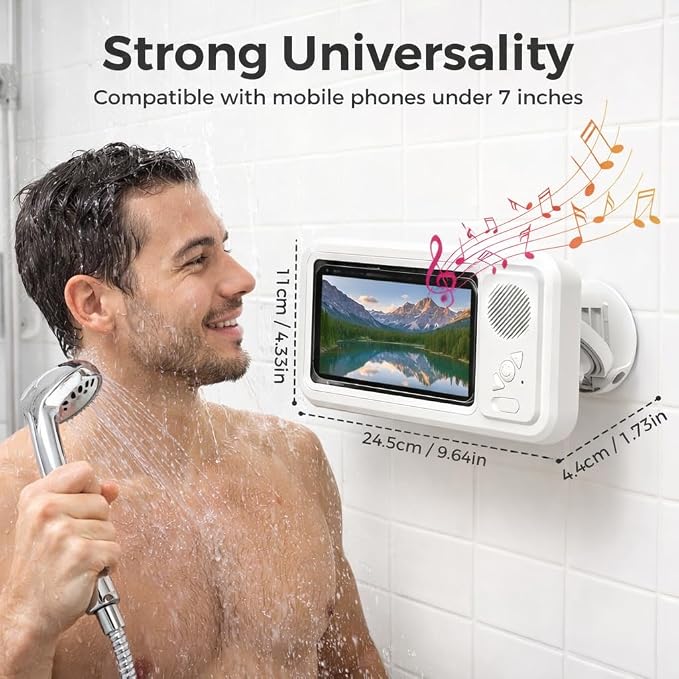 Shower Phone Holder Waterproof with Bluetooth Speaker | 2026 New IPX6 Anti-Fog, 480° Rotatable | Bathroom Case with Speaker Holes | Fits 4-7" Cell Phones & iPhone | Bathroom Wall Mirror