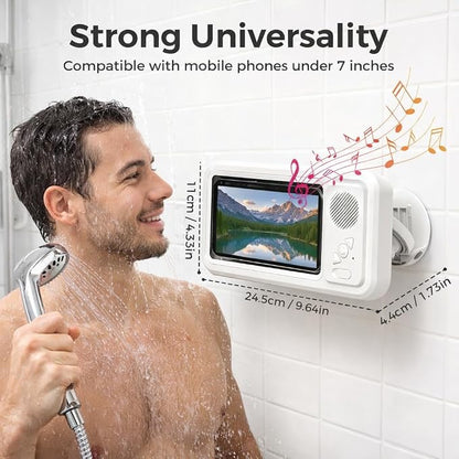 Shower Phone Holder Waterproof with Bluetooth Speaker | 2026 New IPX6 Anti-Fog, 480° Rotatable | Bathroom Case with Speaker Holes | Fits 4-7" Cell Phones & iPhone | Bathroom Wall Mirror