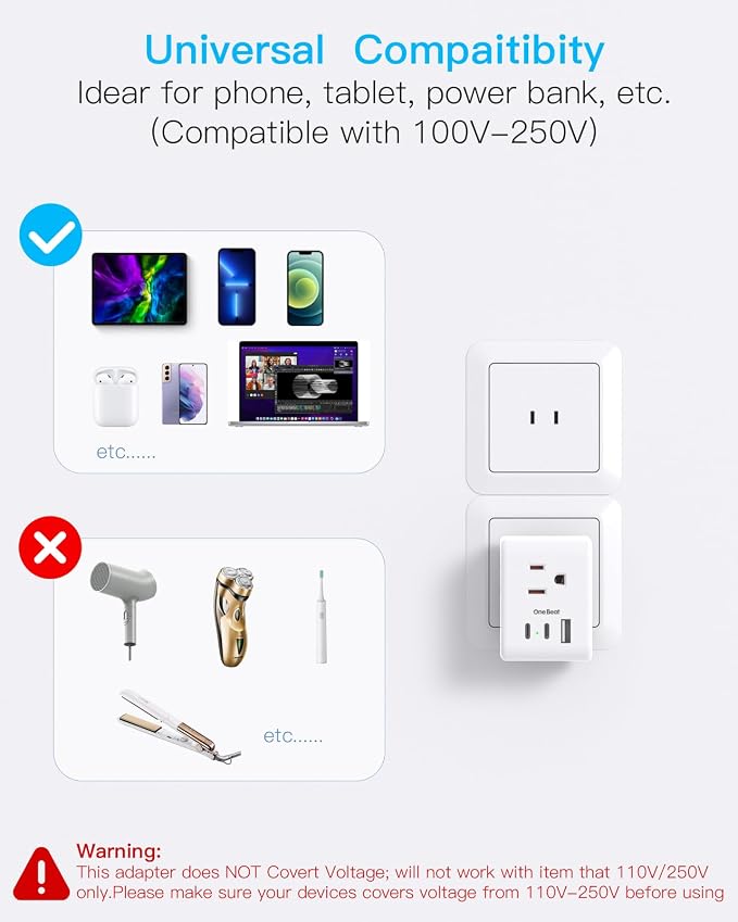 One Beat 2 Pack US to Japan Travel Plug Adapter, 2 Prong to 3 Prong Outlet Adapter with 3 Outlets 3 USB Ports(2 USB C), Type A Travel Essentials for USA to Japan, Canada, Mexico, Philippines, Peru