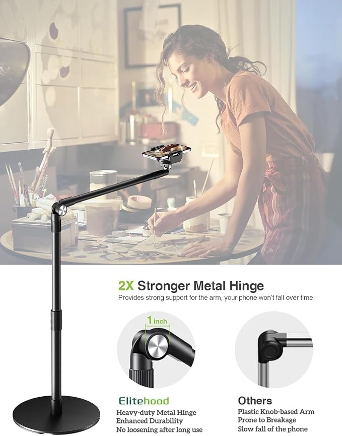 elitehood Heavy Duty Aluminum Overhead Phone Stand, 15 in Long Arm iPhone Holder for Video Recording, 360 Degrees Swivel Tilt Overhead Phone Mount for Filming, Meeting, Cooking, Painting and Crafting