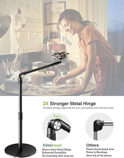 elitehood Heavy Duty Aluminum Overhead Phone Stand, 15 in Long Arm iPhone Holder for Video Recording, 360 Degrees Swivel Tilt Overhead Phone Mount for Filming, Meeting, Cooking, Painting and Crafting