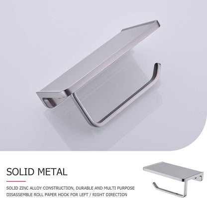 Toilet Paper Holder with Phone Shelf Solid Metal Bathroom Wall Mounted Tissue Roll Dispenser Storage, Brushed Nickel