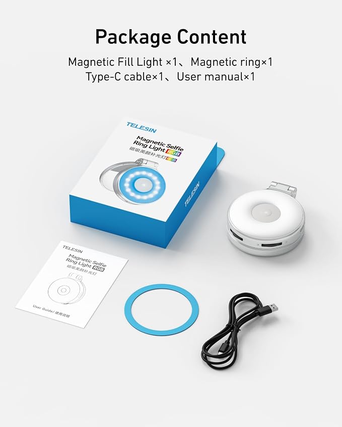 TELESIN Upgraded 4-in-1 Magnetic RGB Selfie Ring Light with Mirror & Phone Stand, Rechargeable Portable Clip On Fill Light for iPhone Samsung TikTok, Vlogging, Makeup, Photography, Streaming