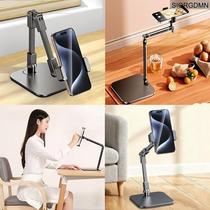 Overhead phone stand for Video Recording on desk,Adjustable Smartphones holder,Articulating Arm Stand with Base, Flexible Cell Phone mount for Live Streaming, filming,Painting Lighting ooking (Black)
