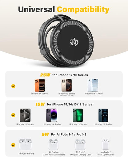 25W Wireless Charger for MagSafe, Qi2.2 Magnetic Fast Charging Pad for iPhone 17/16/15/14/13/12 Series & AirPods, Strong Magnet, Thin & Portable Wireless Charger for Travel Home Office(Black, 2Pack)