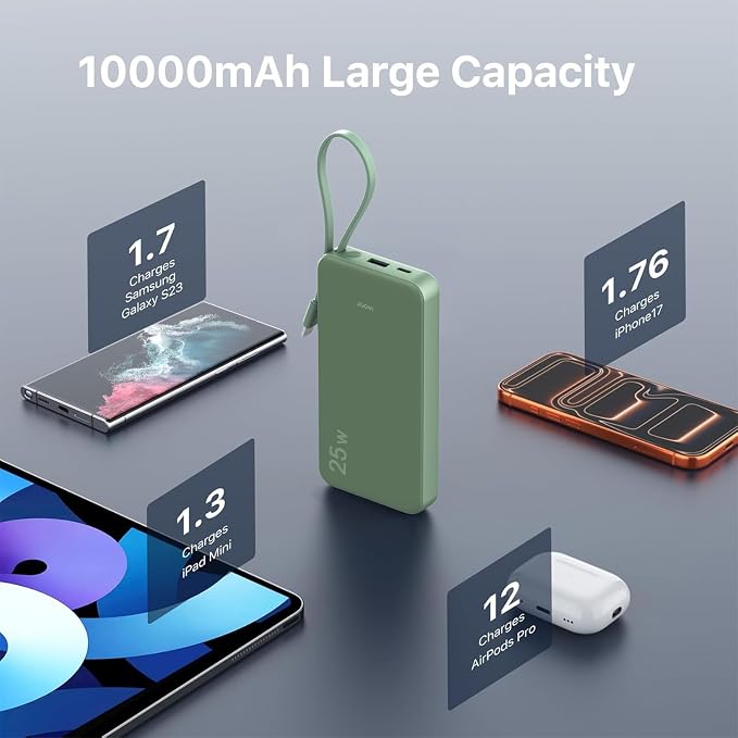 JUOVI 25W Portable Charger 10000mah Power Bank Built-in USB-C Cable | Battery Pack with LED Display, Portable Phone Charger for iPhone 17 16 15 14 Samsung S24 S23 iPad Tablets