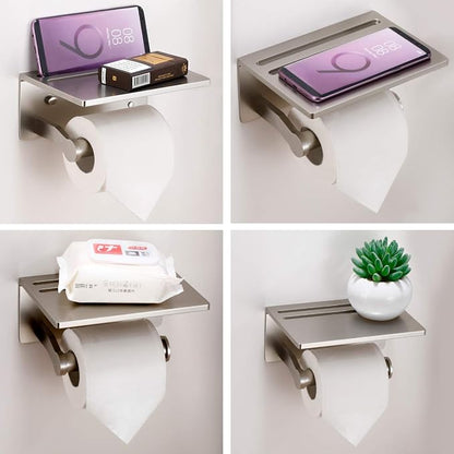 Toilet Paper Holder with Shelf and 2 Towel Hooks - Self Adhesive Toilet Paper Storage - Tissue Roll Holder with Phone Shelf - Wall Mount Toilet Roll Bathroom Organizer - Brushed Nickel