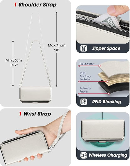OCASE for iPhone 17 Pro Crossbody Wallet Case - Stylish PU Leather Handbag Phone Purse with Zipper Closure, Card Slots & RFID Blocking - Wrist Strap, Lanyard, Kickstand - Cream