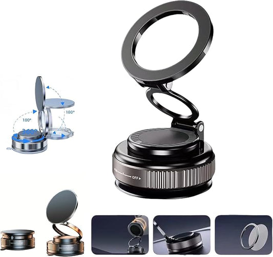 Vacuum Magnetic Car Phone Holder 360° Adjustable Foldable Portable Magnetic Phone Holder for Car for Car/Gym/Mirror/Smooth Surface Suction Cup Phone Mount Compatible for All Smartphones (Obsidian)