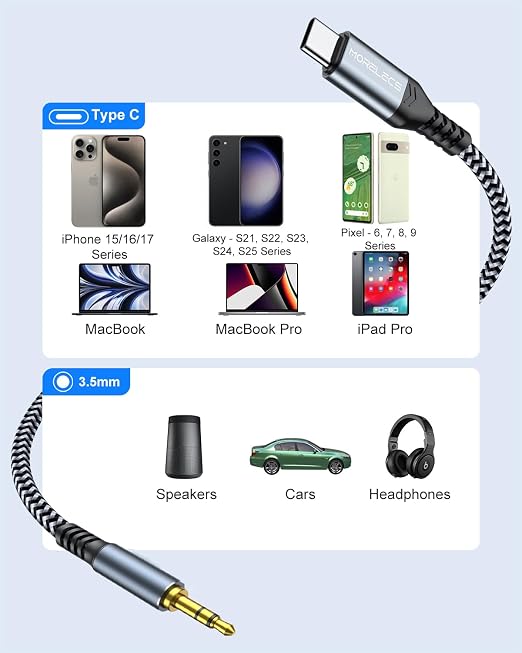 Aux to USB C, 6.6ft Aux Cord to USB C Compatible with iPhone 15/16/17, Galaxy S24/S23, iPad Pro, Pixel - Type C to 3.5mm Cord for Car, Headphones, Speakers