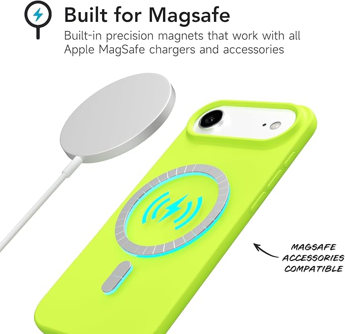 for iPhone 17 Air Case Silicone Compatible with Magsafe Case, Ultra Slim Thin Magnetic Phone Cases Mag Safe, Cute Soft Rubber Gel TPU Matte Plain Wireless Charging Cover for Women, Neon Green