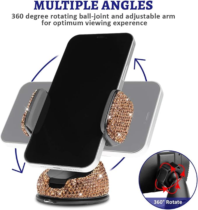 eing Car Phone Mount Cell Phone Holder with One More Air Vent Base,Bling Crystal Universal Phone Mount Holder Cradle for Dashboard,Windshield and Air Vent,Gold