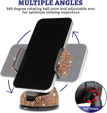 eing Car Phone Mount Cell Phone Holder with One More Air Vent Base,Bling Crystal Universal Phone Mount Holder Cradle for Dashboard,Windshield and Air Vent,Gold