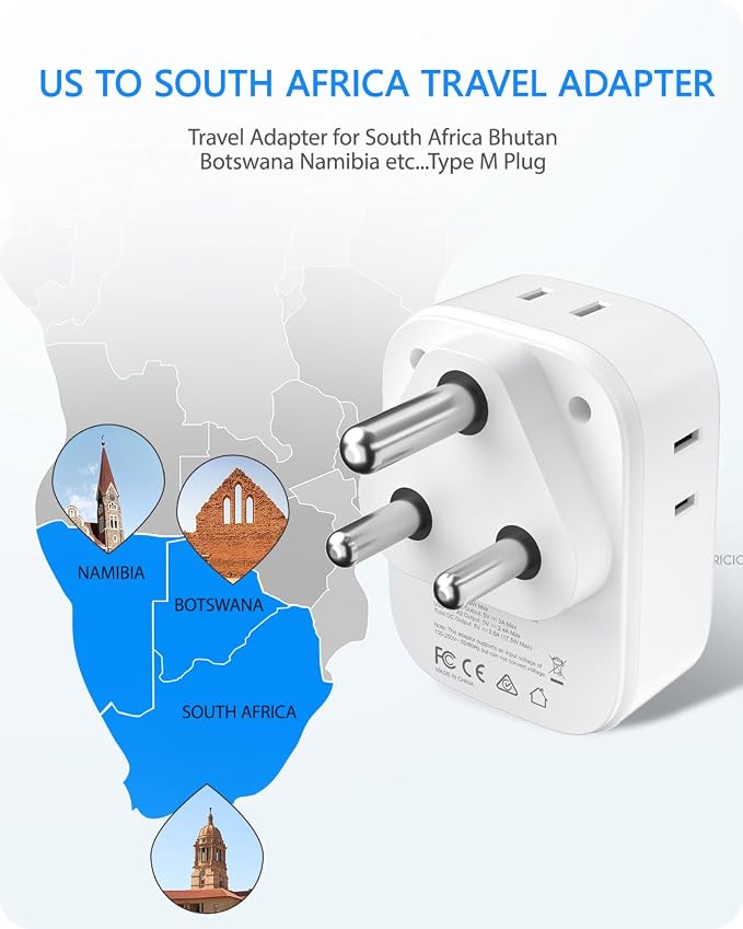 LENCENT South Africa Plug Adapter, Type M Adapter for South Africa | 4 American Outlets, 4 USB Ports(2 USB C), Type M Plug Converter for US to Bhutan Botswana Namibia Lesotho Nepal Sri Lanka
