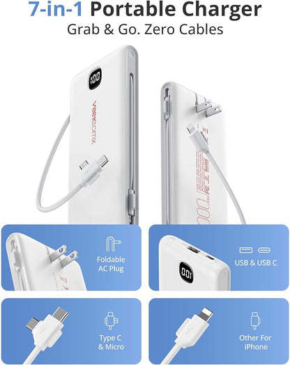 VEEKTOMX Portable Charger with Built in Cables 10000mAh, Power Bank for iPhone with Wall Plug, Travel Essential Fast Charging Slim USB C External Battery Pack for iPhone 17/16/15, Samsung, iPad, etc