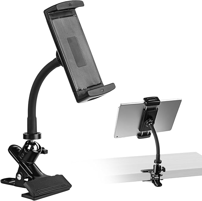 ROCKFREE Clip Tablet Holder with Heavy-Duty Gooseneck Arm,360° Adjustable ipad Clamp Mount for Desk,Table,Cabinet,Bed,Treadmill,Fits 4–11" iPad,iPhone,Tablet & Phone