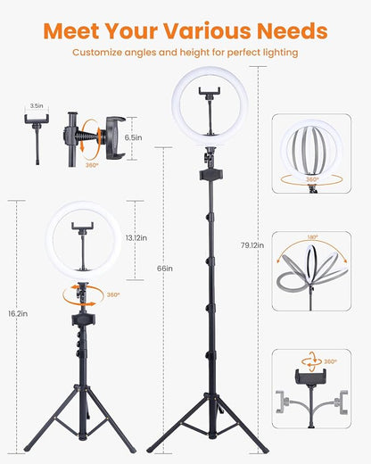 10" Desk Ring Light with 66'' Tripod Stands & Phone Holder, LED Circle Ring Lights Compatible with All Phones, 3 Color & 10 Brightness Level, for Live Stream, Makeup, Selfie, TikTok, YouTube