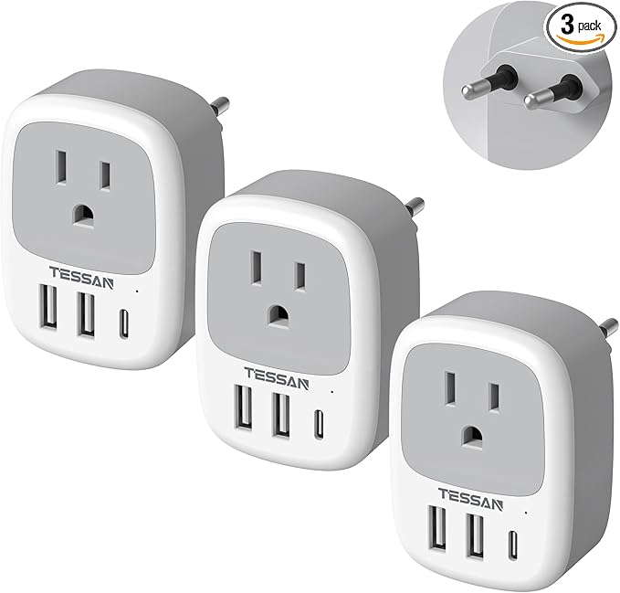 TESSAN 3 Pack US to European Travel Plug Adapter with 3 USB Ports (1 USB C)