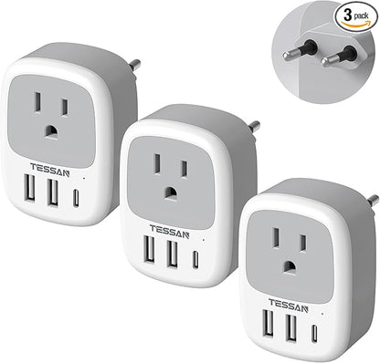 TESSAN 3 Pack US to European Travel Plug Adapter with 3 USB Ports (1 USB C)