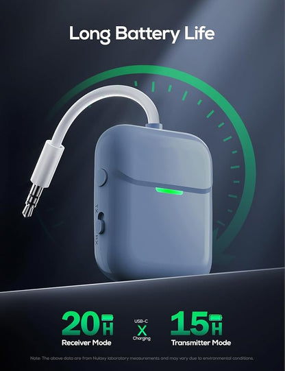 Nulaxy Air in-Flight Bluetooth Wireless Audio Transmitter Receiver for up to 2 AirPods Wireless Headphones, Bluetooth Adapter for All 3.5mm Aux Jacks on Airplanes, Gym Equipment, TVs, Blue