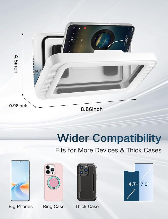 Kairiyard Shower Phone Holder Waterproof, Speaker Holes 360° Rotatable Retractable Anti-Fog High Sensitivity Clear Sound Wall Mounted Phone Case for Bathroom Mirror Bathtub Kitchen, Up to 7 Inch