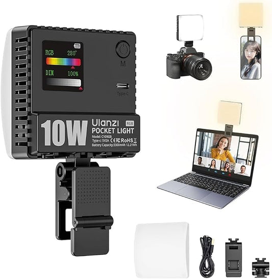 Ulanzi C10 10W Portable Selfie LED Light - 1300 Lux vlogging Light, 3300mAh,Video Conference Lighting Kit, Phone Selfie Lights with Clip & Cold Shoe, Clip Light for iPhone 17 Tablet Computer Laptop